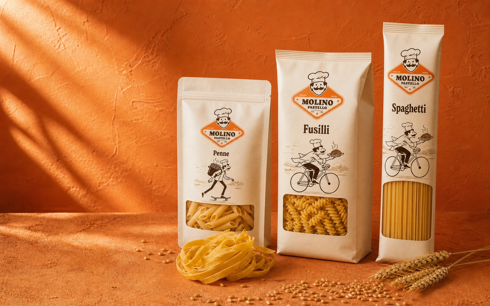 Molino Pastello Penne, Fusilli and Spaghetti packages with Italian wheat and grains